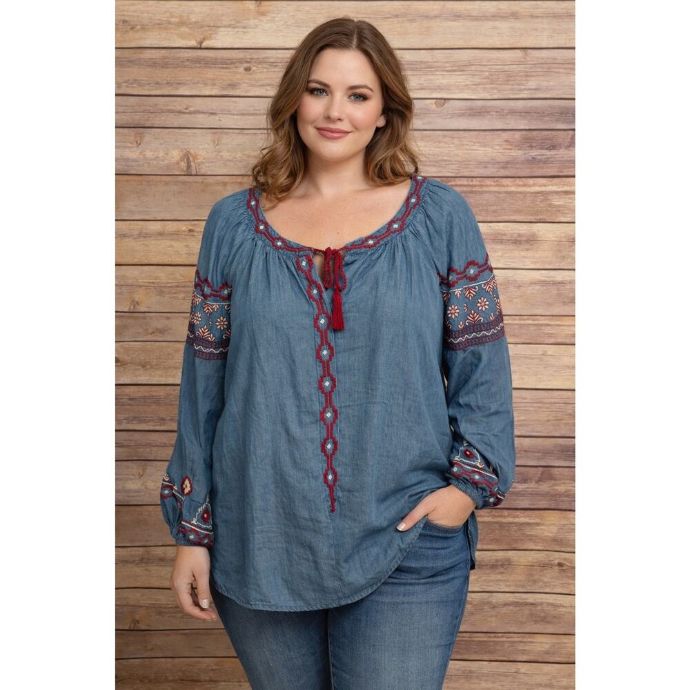 Style & Co Women’s 1X Blue Chambray Embroidered Peasant Boho Top #G16